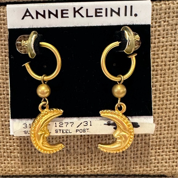 NWT Vintage Anne Klein Earrings “Old Stock” hoops w/ crescent moon face, gold - Picture 2 of 9